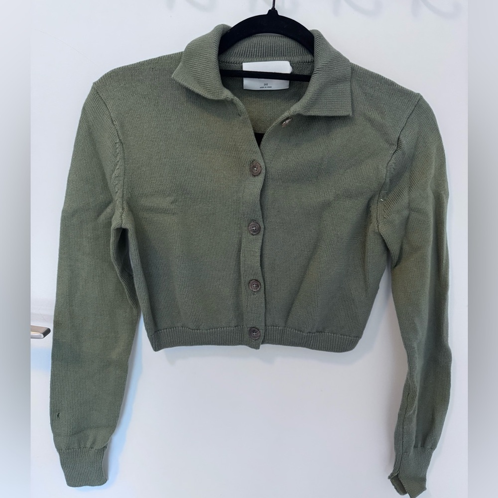 Aritzia Olive Green Cropped Button Cardigan Sweater